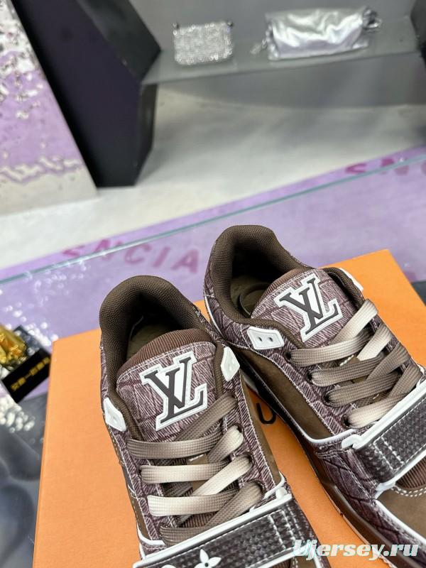 2024 Unisex Louis Vuitton Brown Silk Leather Denim Plimsolls Magic Tape MJ00410