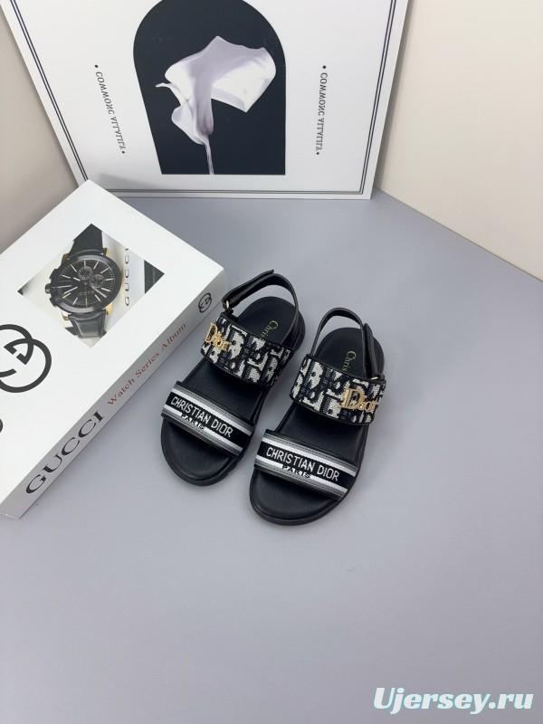 2025 Kids Dior Gray Black Canvas Leather Sandals