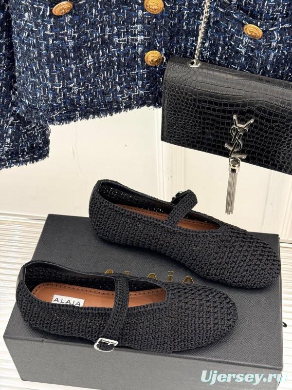 2025 Women AlAIA Black Woven Leather Mary Jane KFY00310