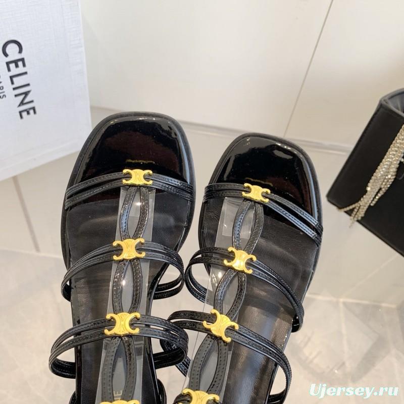2025 Women Celine Black Patent Leather Sandals