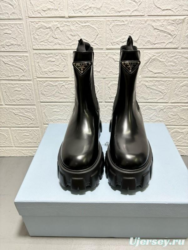 2024 Women Prada Black Leather Chelsea Boots MJ00380