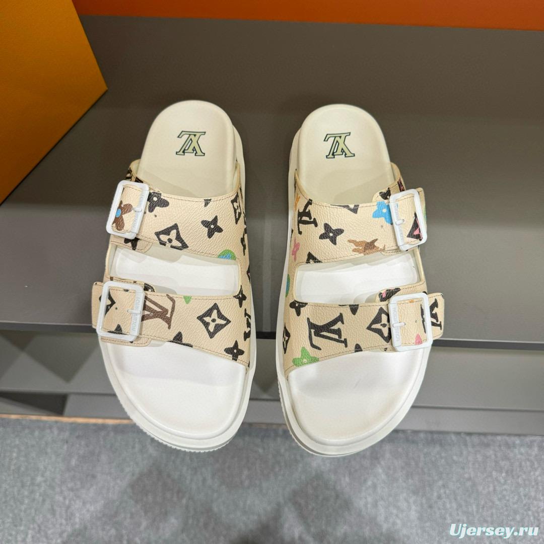 2024 Slippers Louis Vuitton Beige Multicolor Leather Slippers