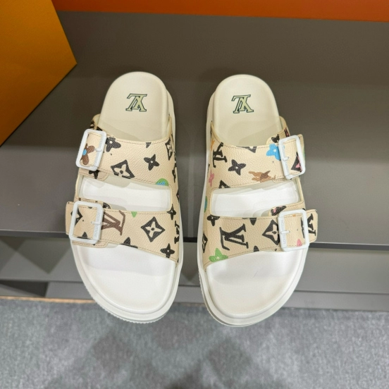 2024 Slippers Louis Vuitton Beige Multicolor Leather Slippers