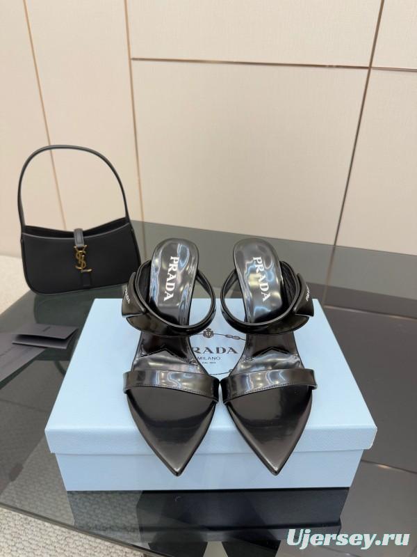 2025 Women Prada Black Leather Sandals