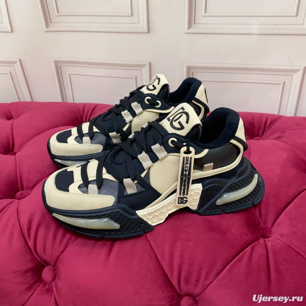 2024 Unisex Dolce & Gabbana Black Beige Wool Leather Sneakers MJ00340