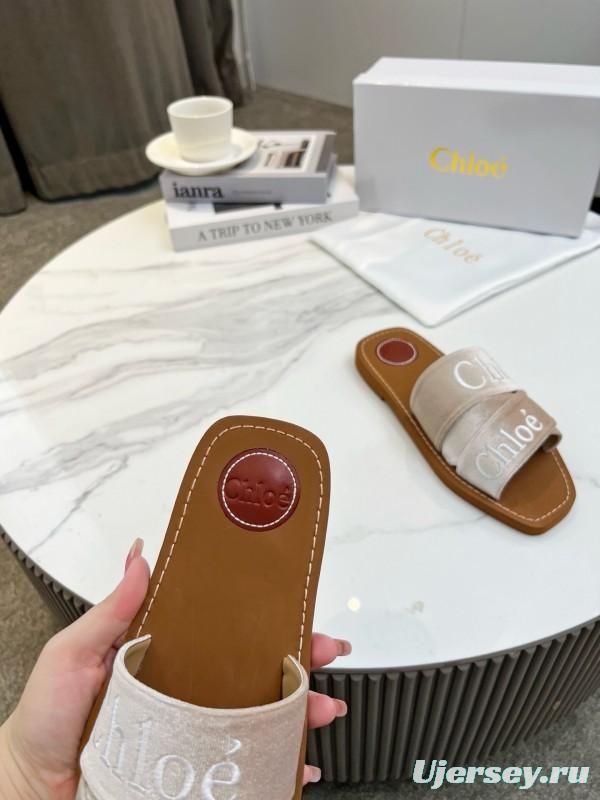 2025 Women Chloé Beige Velvet Slippers LY00200