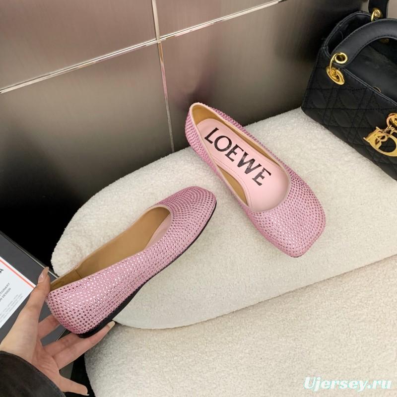 2025 Women Loewe Pink Lambskin Rhinestone Ballet Flats LY00291