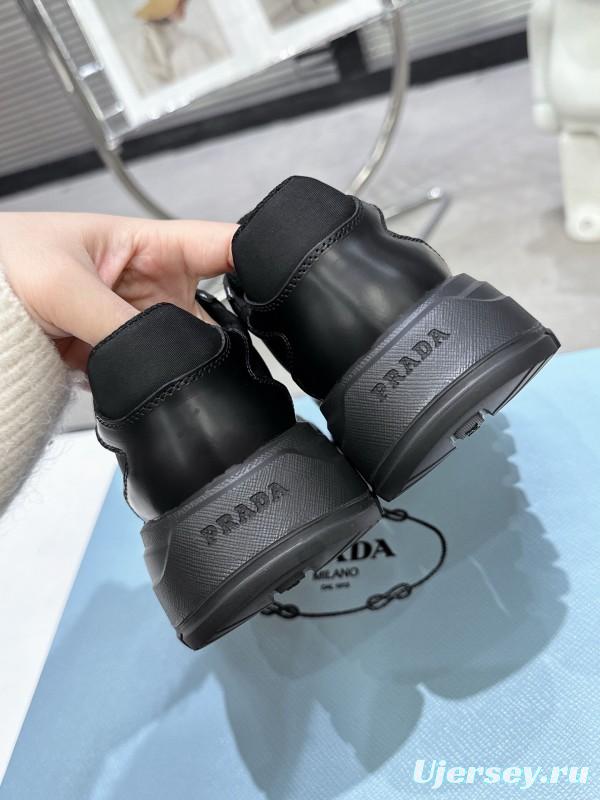2025 Unisex Prada Black Leather Nylon Sneakers