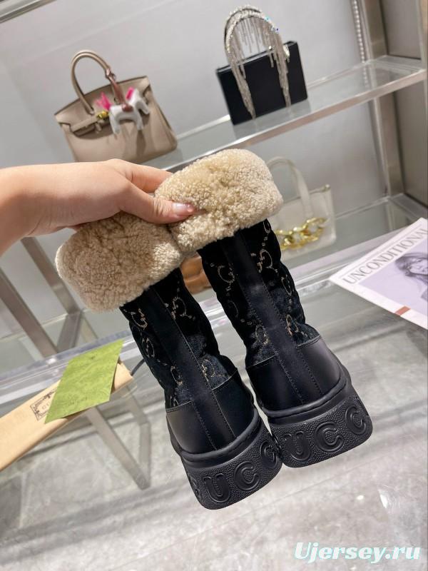 2024 Women Gucci Black Shearling Leather Snow Boots MJ00420