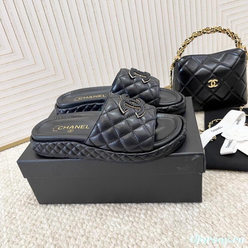2025 Chanel Black Leather Slippers CC Stitching KFY00290
