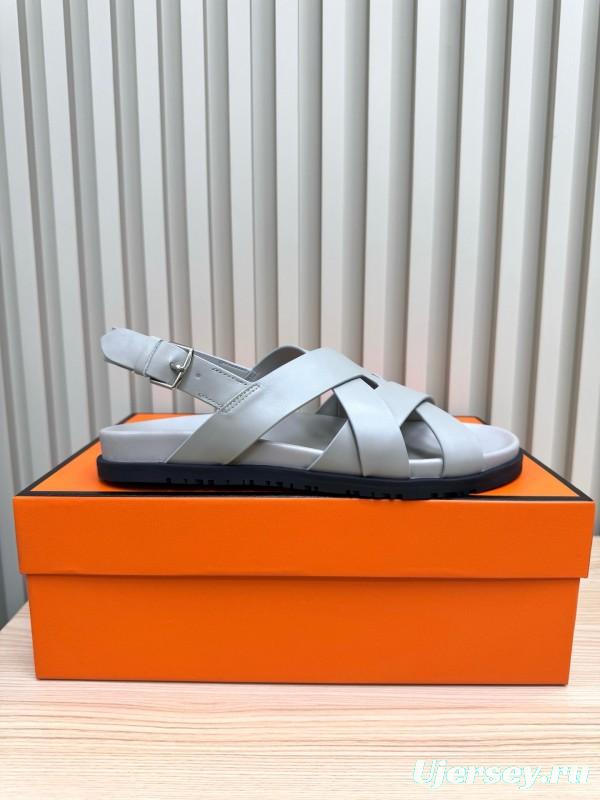 2025 Women Hermès Grey Leather Sandals LY00270