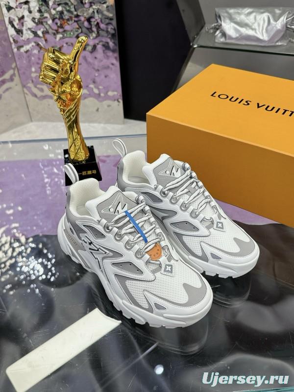 2025 Men Louis Vuitton White Grey Mesh Leather Sneakers MJ00420