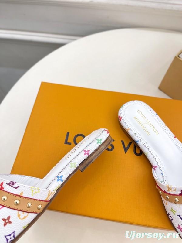 2025 Women Louis Vuitton White Multicolor Leather Slippers KFY00290