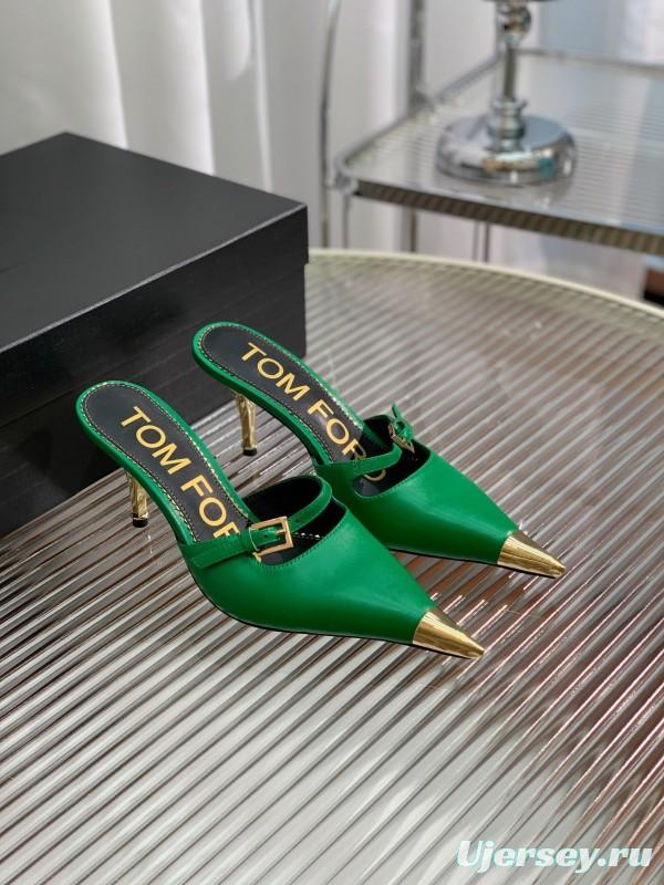 2025 Women TOM FORD Green Gold Leather Pointed Toe Mules KFY00300