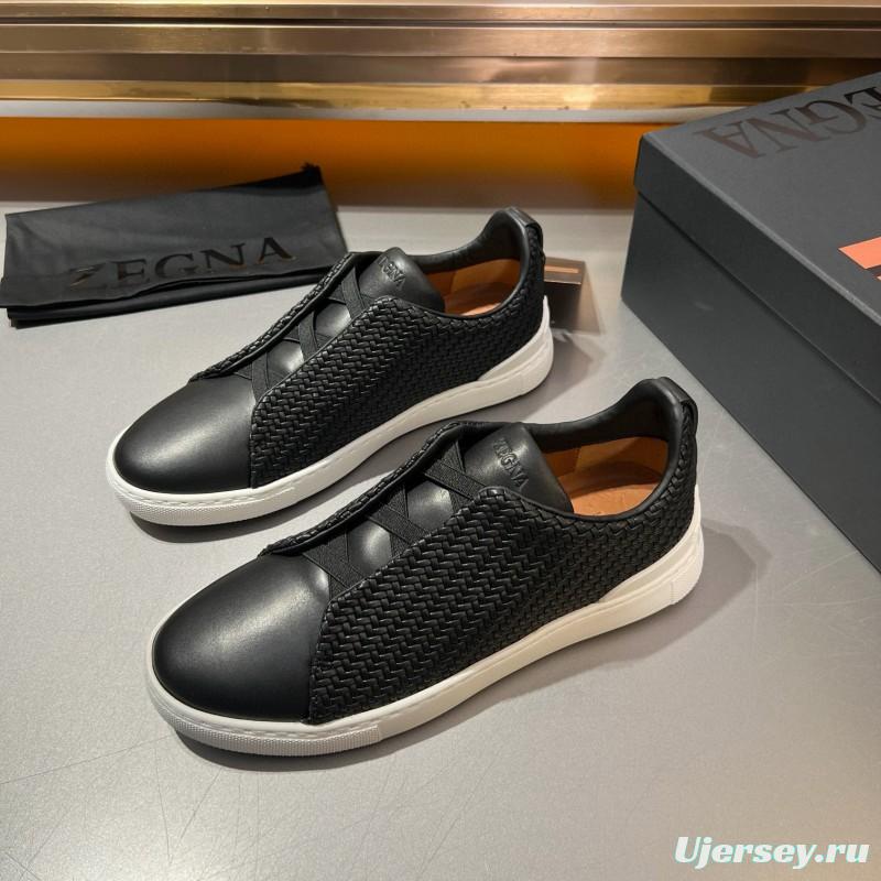 2024 Men Ermenegildo Zegna Black Smooth Calfskin Pelletessuta Sneakers Elastic Detail MJ00280