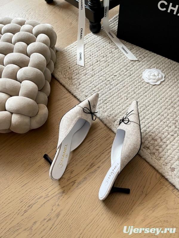 2025 Women Chanel Beige Fabric Pointed Toe Mules KFY00290