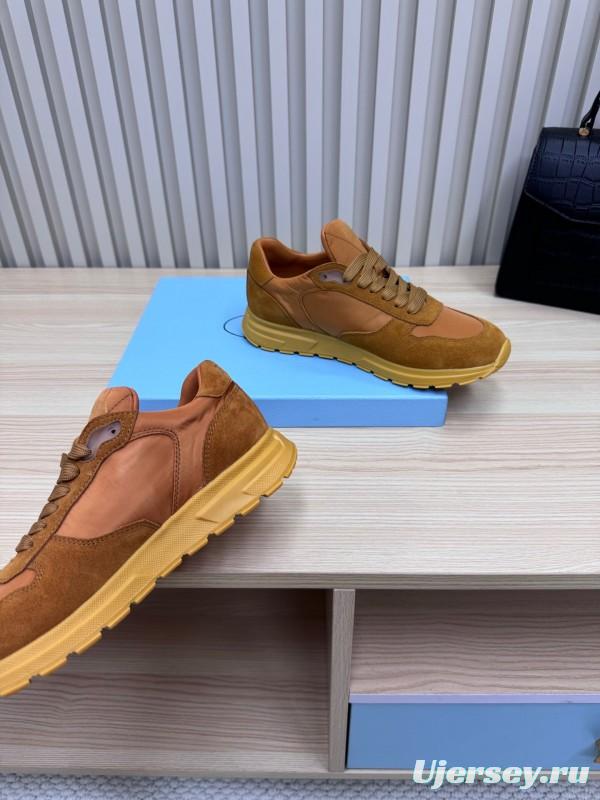 2025 Women Prada Brown Suede Nylon Sneakers LY00300