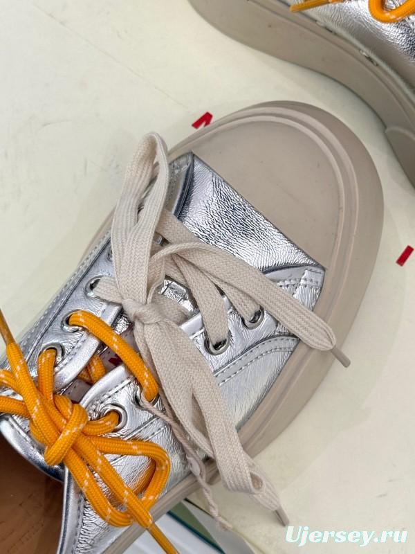 2025 Women Yves Saint Laurent Silver Leather Platform Sneakers With Orange And Beige Laces YSL123(F)