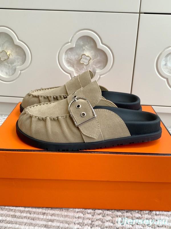 2025 Women Hermès Beige Suede Mule Loafers KFY00290