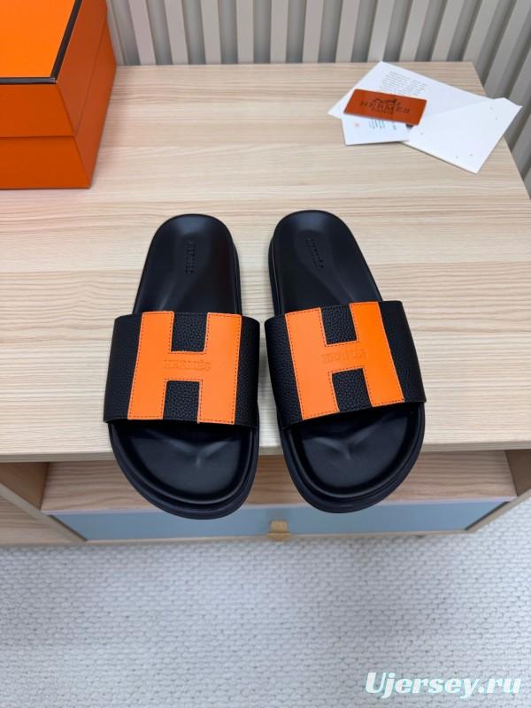 2025 Women Hermès Black Orange Leather Slippers