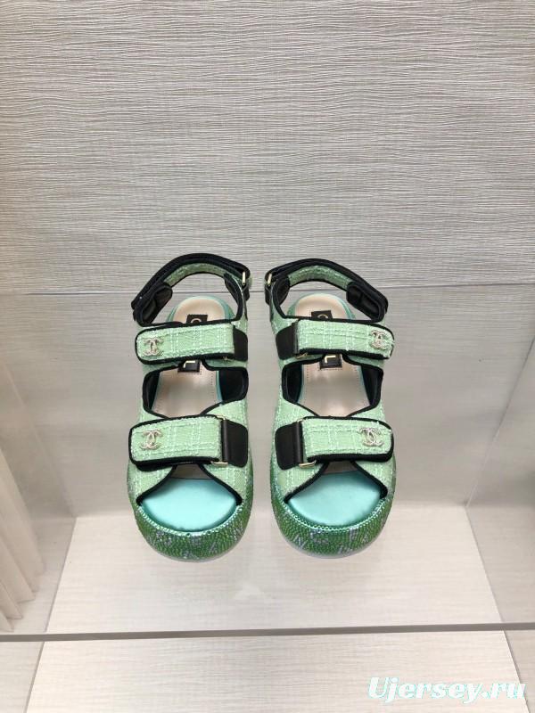 2025 Slippers Chanel Mint Green Textile Platform Sandals LY00330
