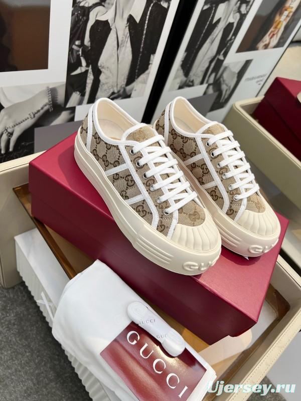 2025 Women Gucci Beige Brown Canvas Platform Sneakers LY00270