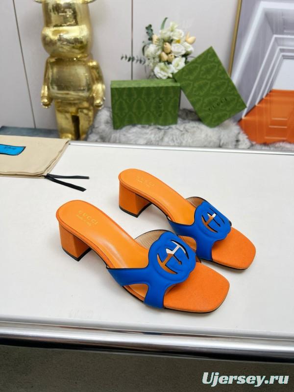 2025 Gucci Orange Blue Leather Slippers