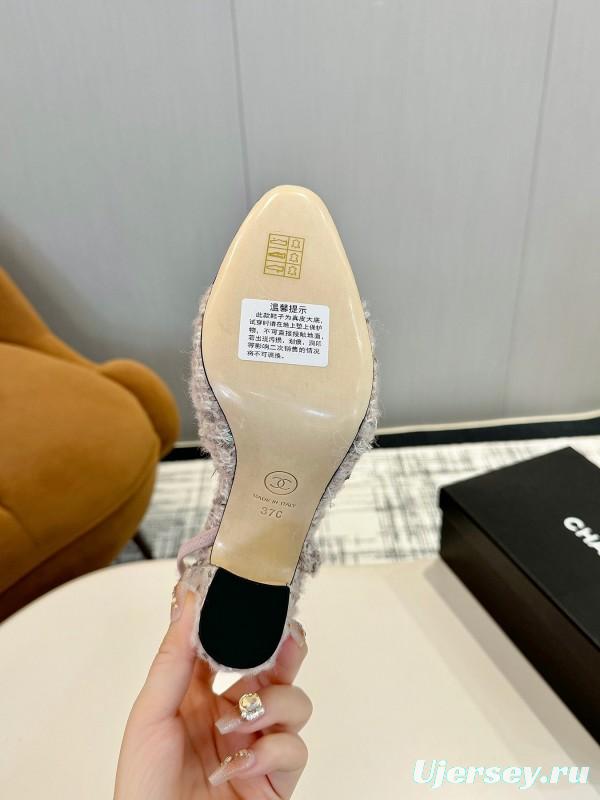 2025 Women Chanel Black White Tweed Leather Slingback Block Heel LY00270