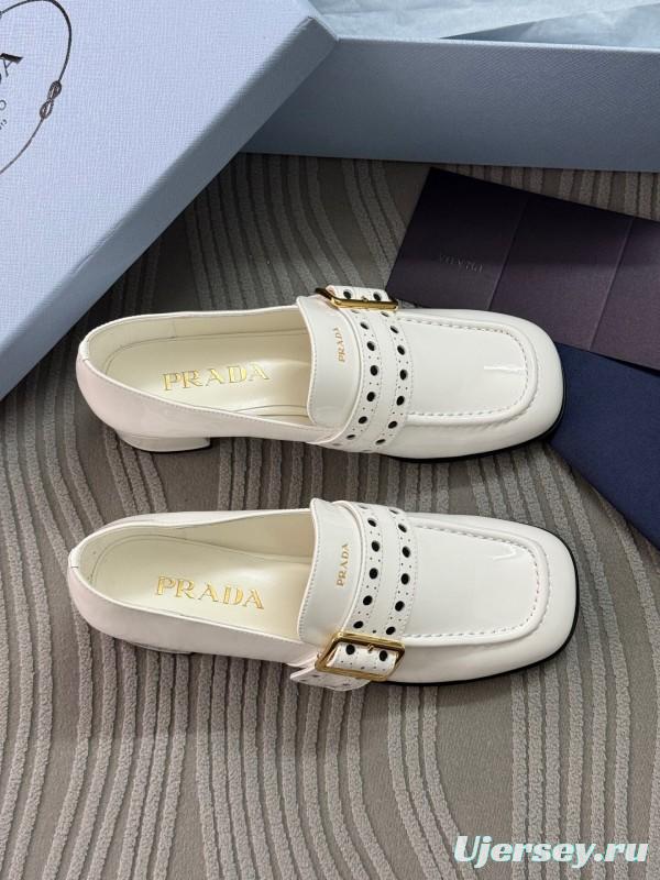 2025 Women Prada White Leather Loafers KFY00320