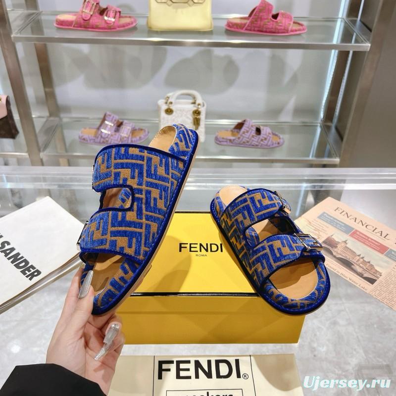 2025 Fendi Blue Fabric Leather Slippers MJ00230