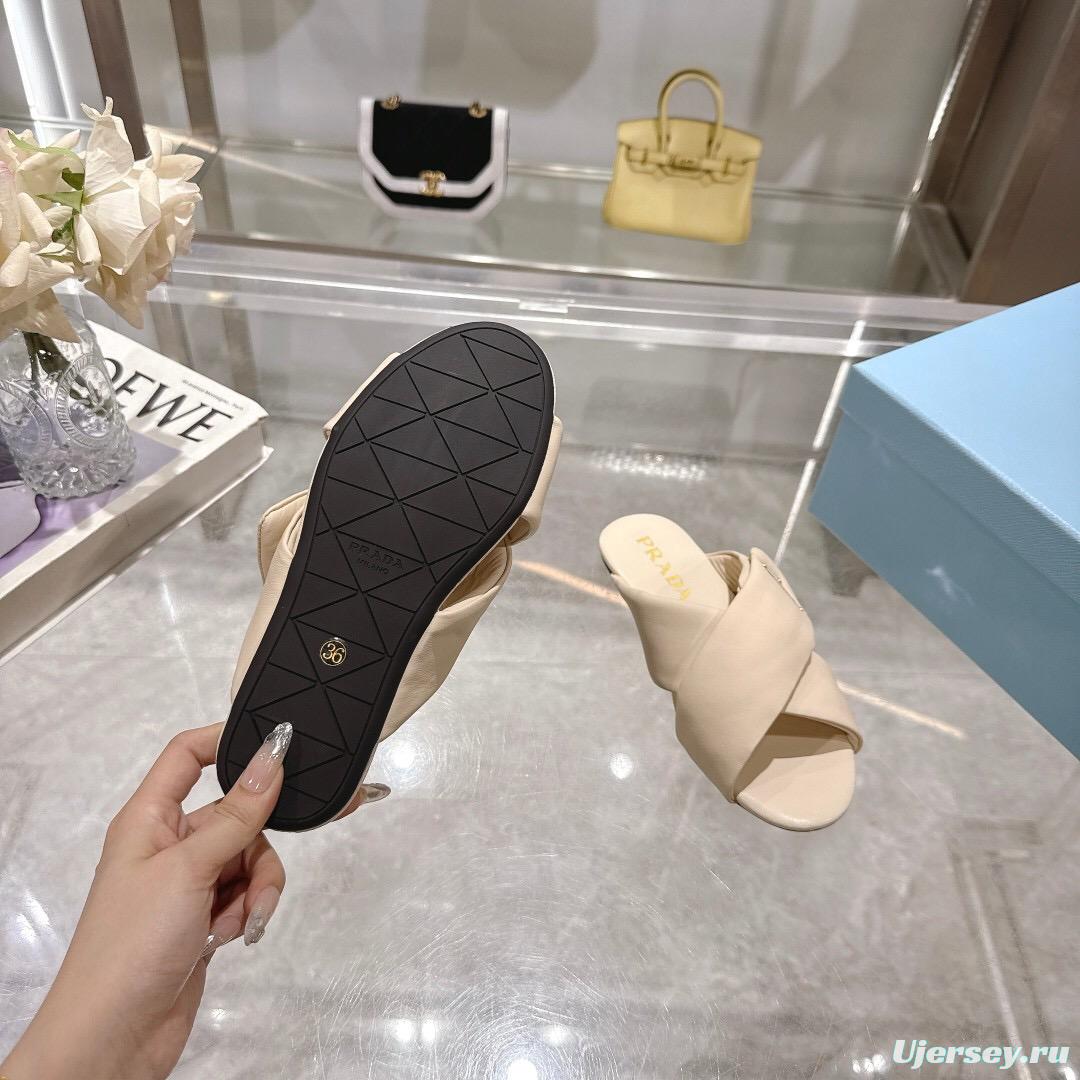 2025 Women Prada Cream Leather Slippers