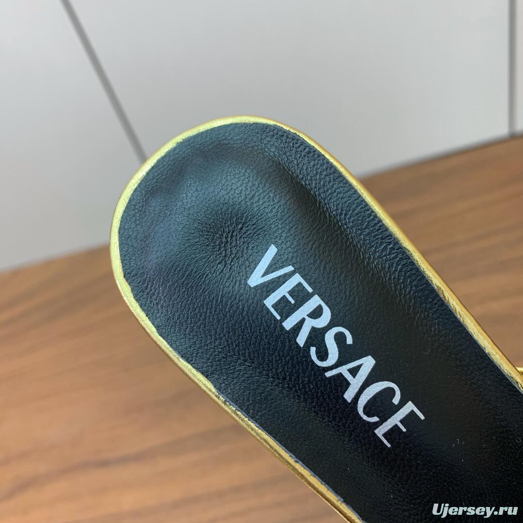 2025 Women VERSACE Gold Leather Heeled Sandals