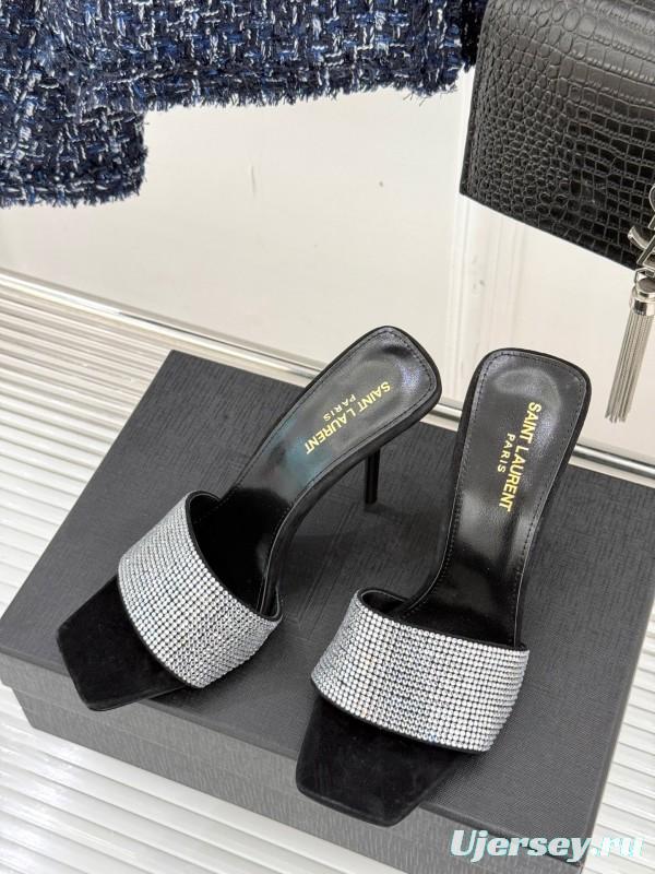 2025 Women Yves Saint Laurent Black Silver Crystal Leather Heeled Slippers LY00300
