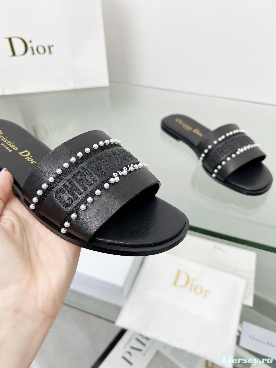 2025 Women Dior Black Leather Slippers Pearl Embellishment LY00190