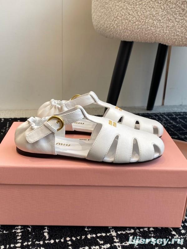 2025 Women Miu Miu White Calf Leather Flat Sandals