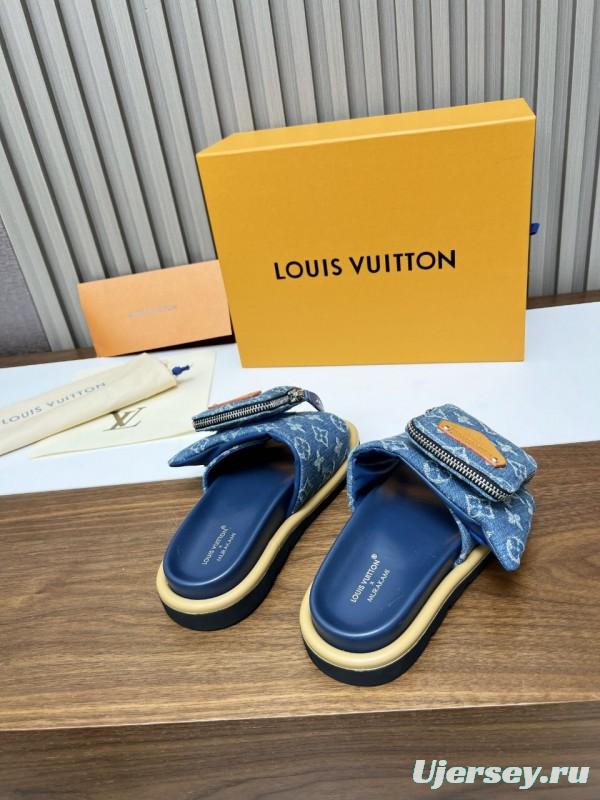 2025 LV Blue Denim Leather Slippers
