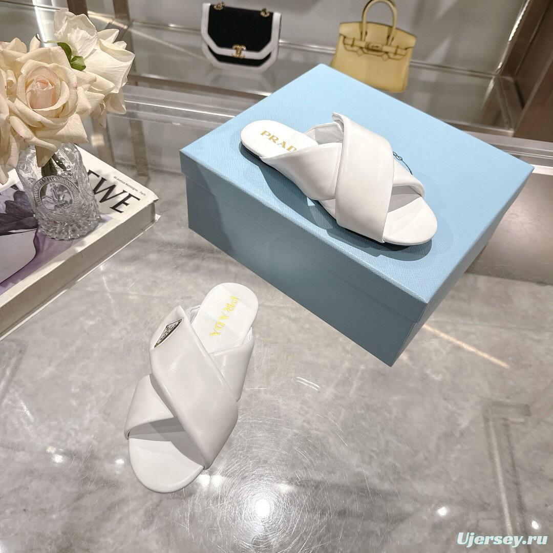 2025 Women Prada White Leather Slippers