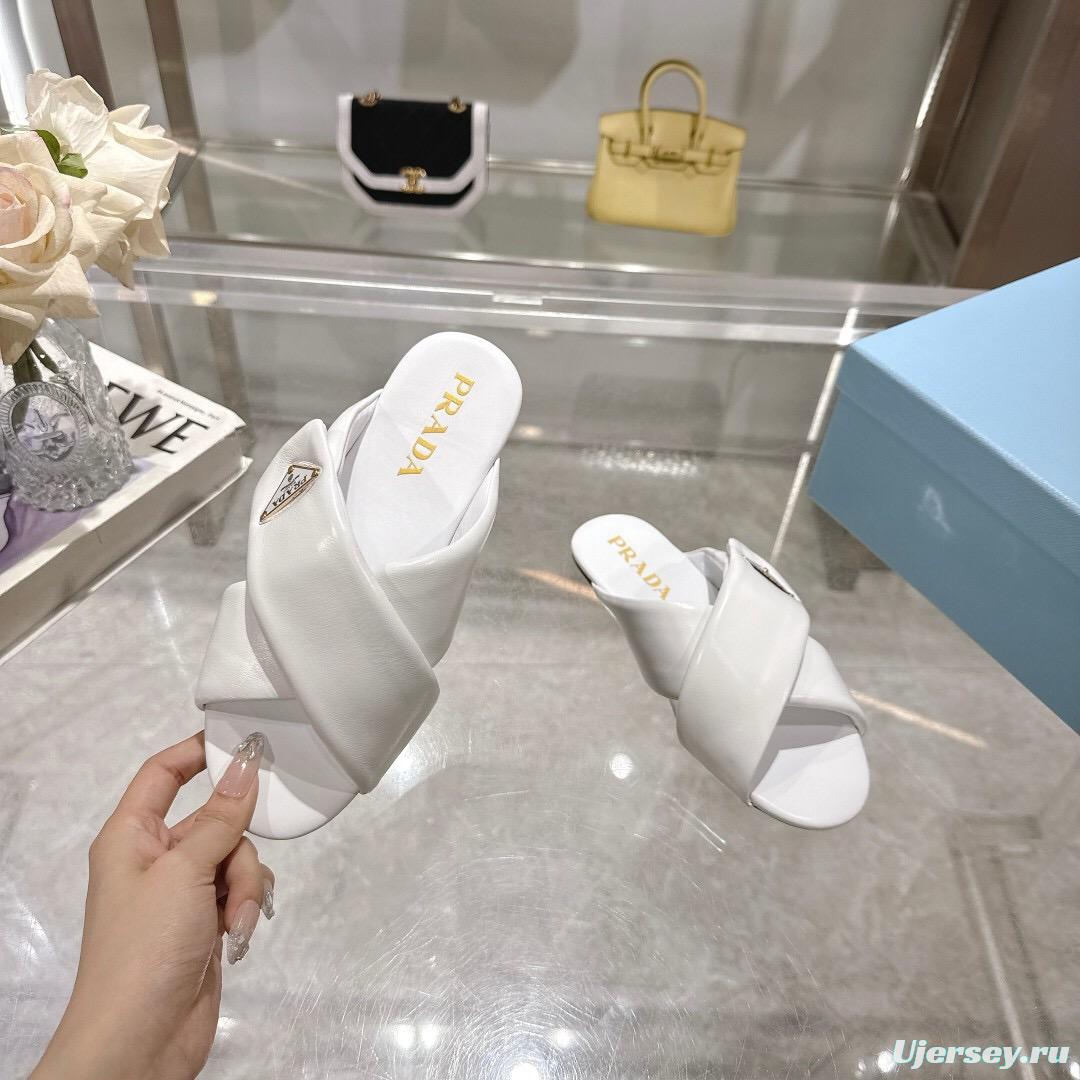 2025 Women Prada White Leather Slippers