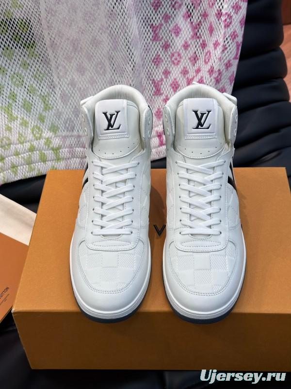 2024 Men Louis Vuitton White Black Leather High-Top Sneakers MJ00420