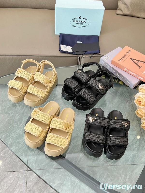 2025 Women Prada Black Woven Leather Platform Sandals LY00300