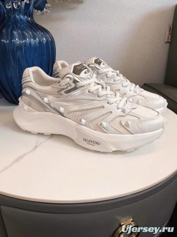 2024 Unisex Valentino White Silver Mesh Leather Sneakers MJ00410