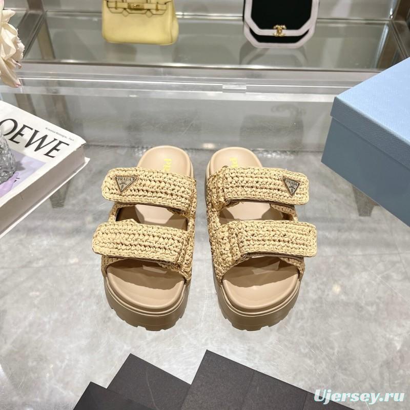 2025 Women Prada Beige Woven Leather Slippers LY