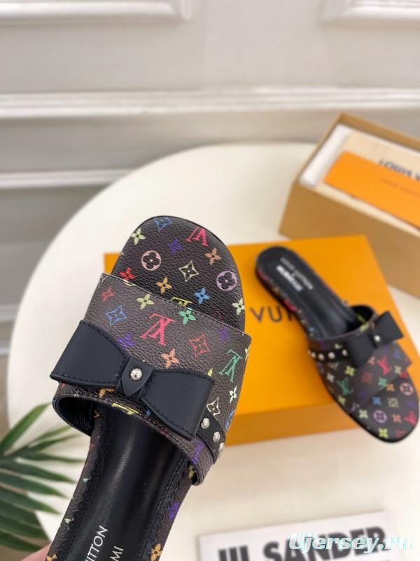 2025 Slippers Louis Vuitton Black Leather Flat Bow MJ00290