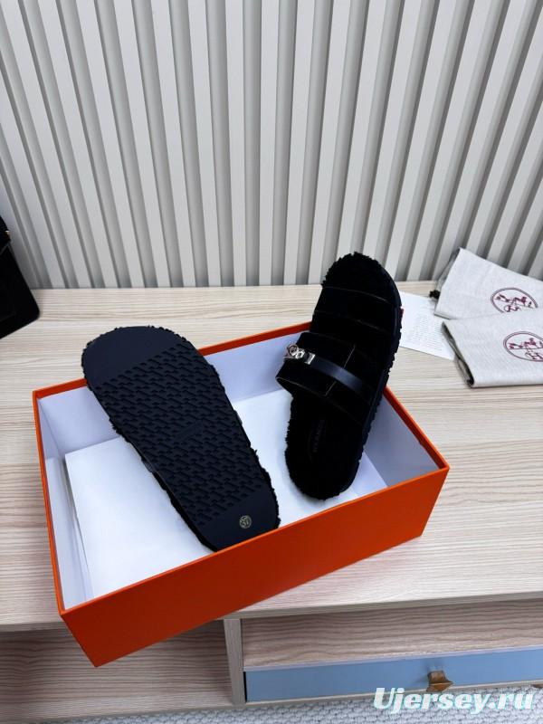 2024 Slippers Hermès Black Sheepskin Slippers MJ00300