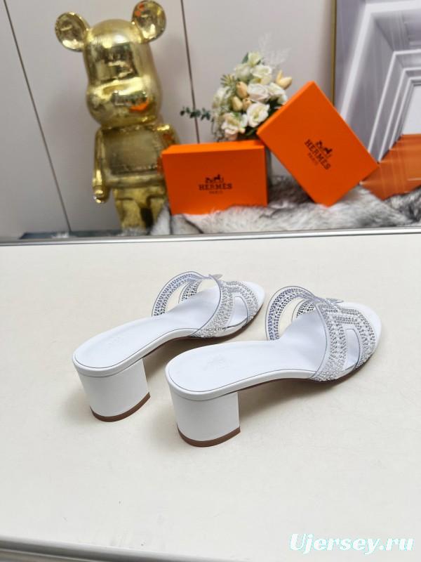 2025 Slippers Hermès White Leather Crystal MJ00180