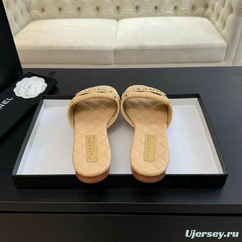 2025 Women Chanel Beige Leather Slippers