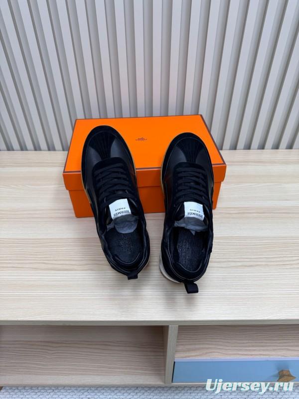 2025 Unisex Hermès Black Brown Suede Goat Leather Down Fabric Sneakers Top Version KFY00300