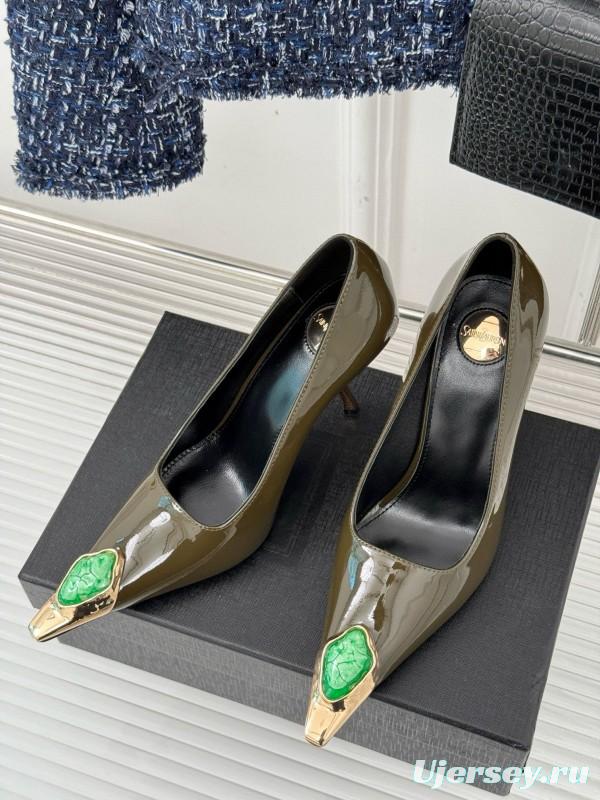 2024 Women Yves Saint Laurent Olive Green Patent Leather High Heel Gemstone MJ00330
