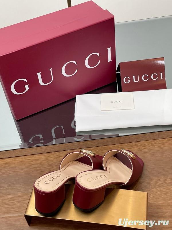 2025 Women Gucci Burgundy Leather Sandals GG Crystal LY00280