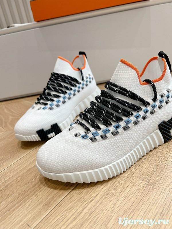 2024 Unisex Hermès White Black Orange Calf Suede Sneakers MJ00290